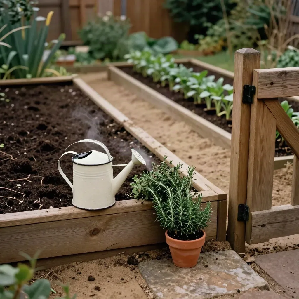 Raised vegetable beds, watering can, seedlings and herbs in a brief sunny garden planting window.
