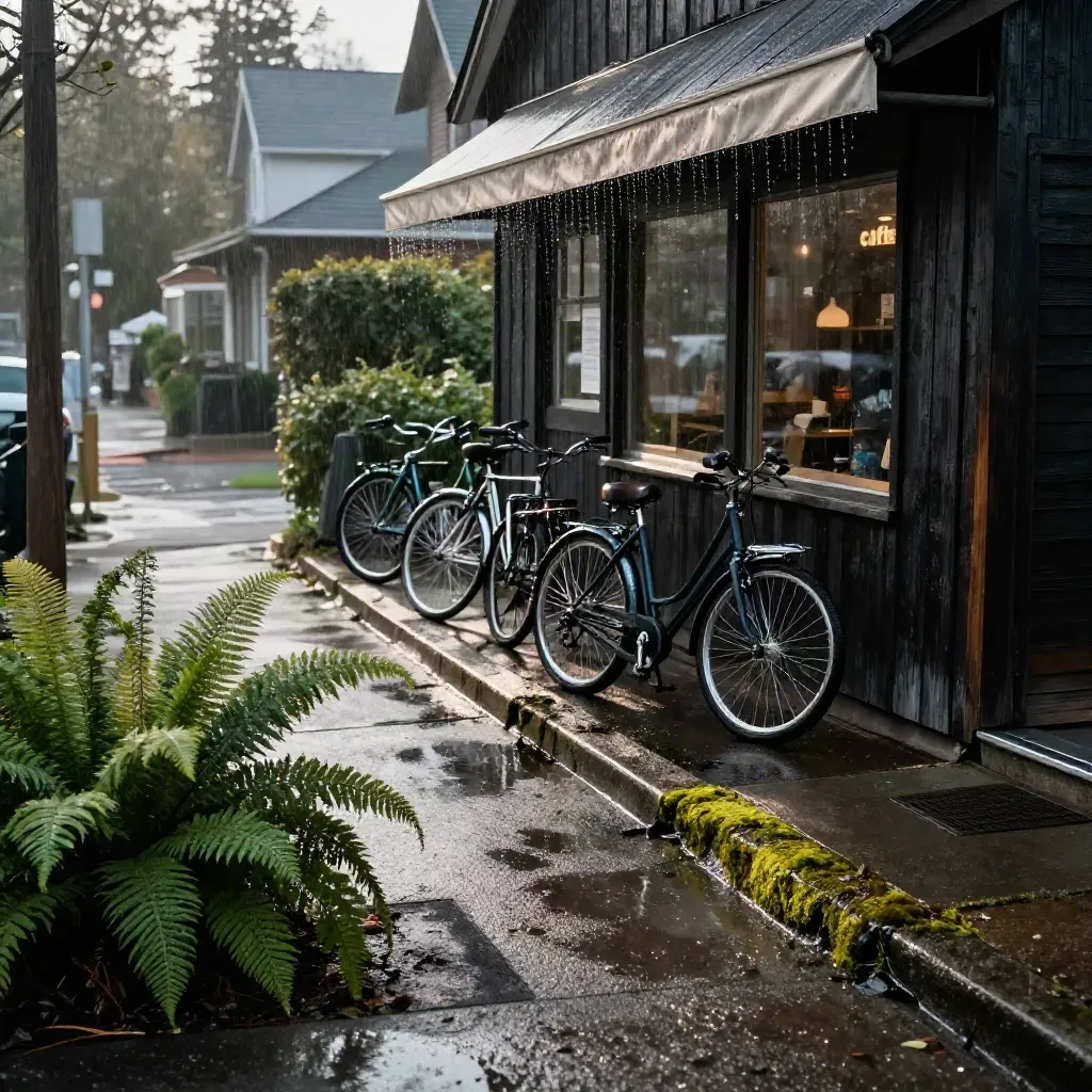 Rainy Northwest corner with bikes, cedar siding, awning drips, and wet curb