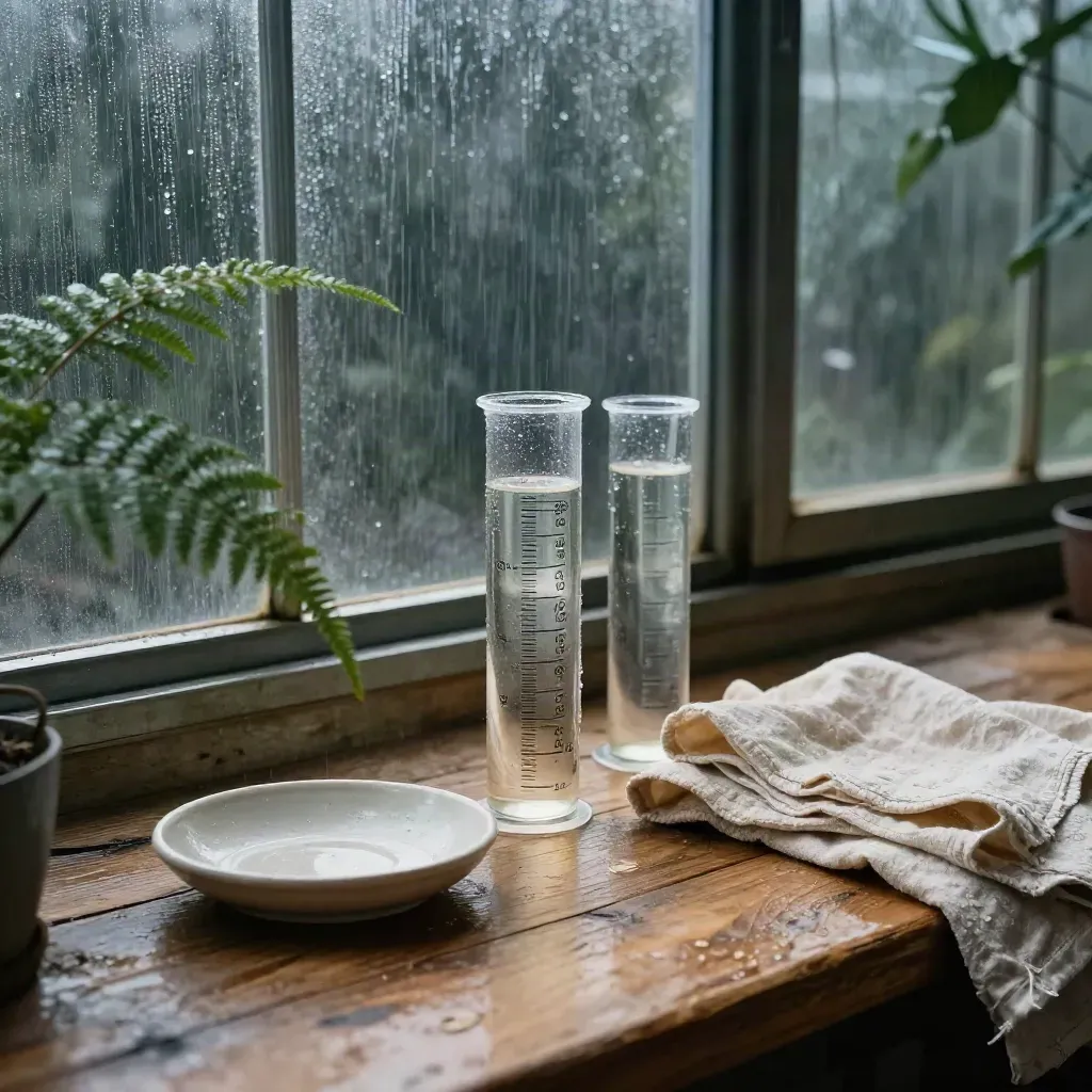 Rain sample cylinders on a greenhouse bench with wet saucer and folded cloth in humid light.