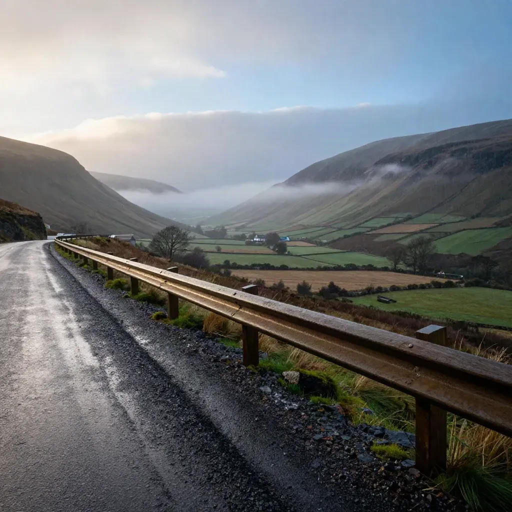Mountain turnout over patchwork fields with rain curtains and a bright sky break