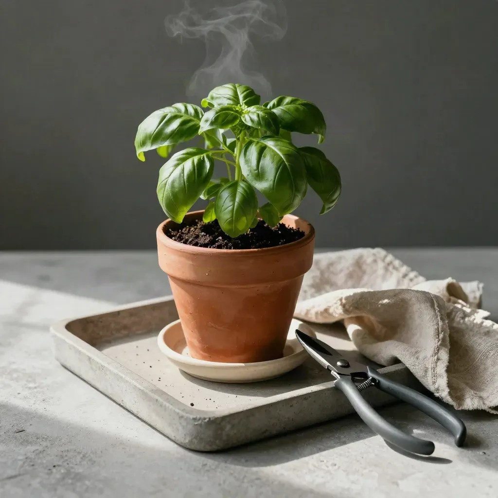 Terracotta basil seedling pot with snips, linen cloth, and ceramic saucer on a stone tray.