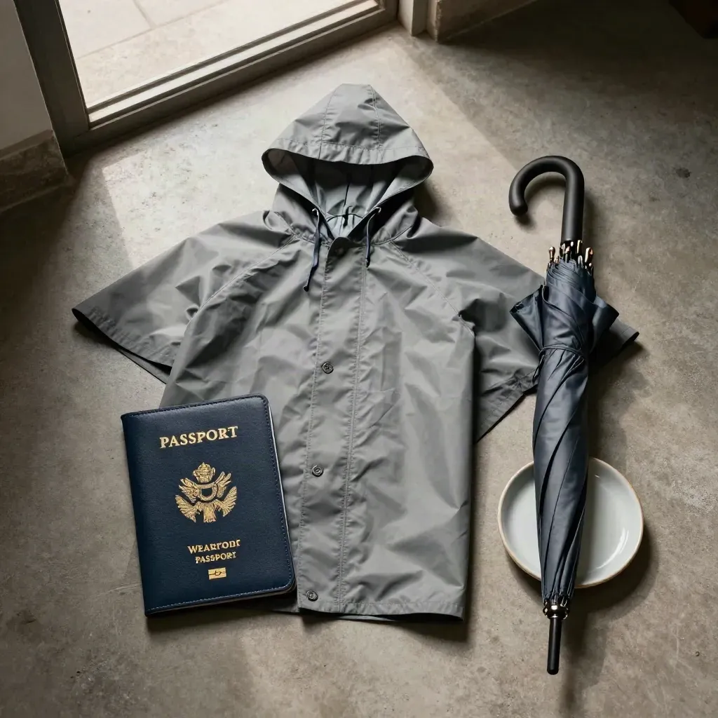 Overhead flatlay of a travel weather kit with sleeve, poncho, umbrella, and ceramic dish