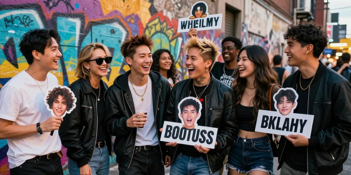 Friends having fun in the city, showcasing look alikes of famous people against a vibrant graffiti background.