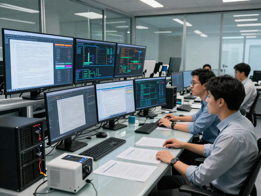 Data analysts engaged in document fraud detection in a modern cybersecurity lab.