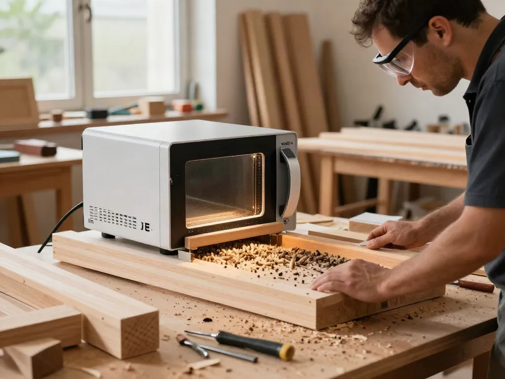 Efficient SHASHEL® microwave equipment eliminating wood-boring insects in workshop